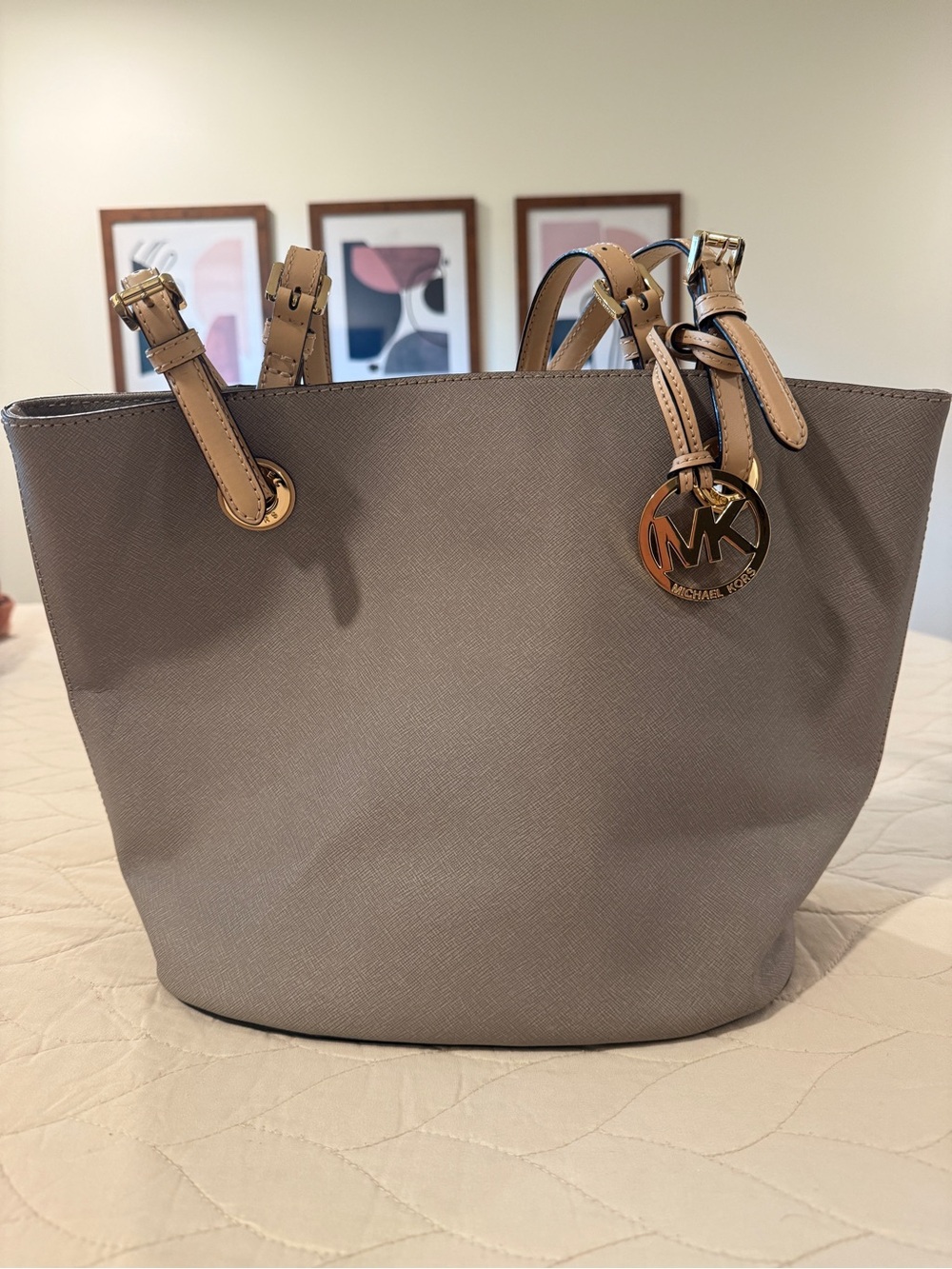 Michael Kors Grey Tote with Tan Handles and Gold MK Charm